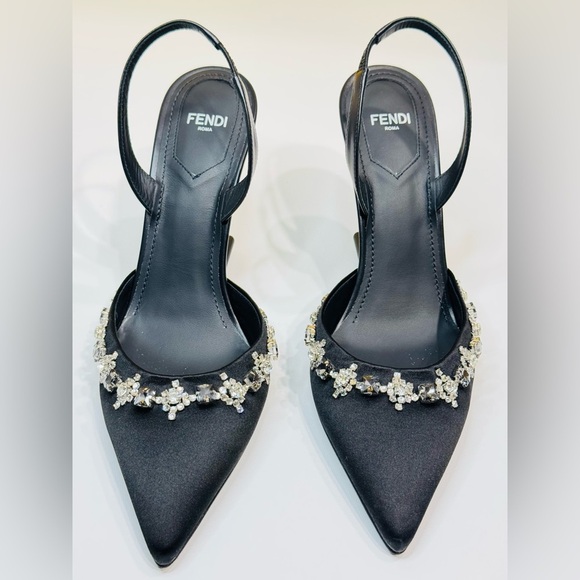 Fendi First Slingback Heels Black Satin With Nero Crystal Size 37.5 Retail$1790 - Picture 12 of 16